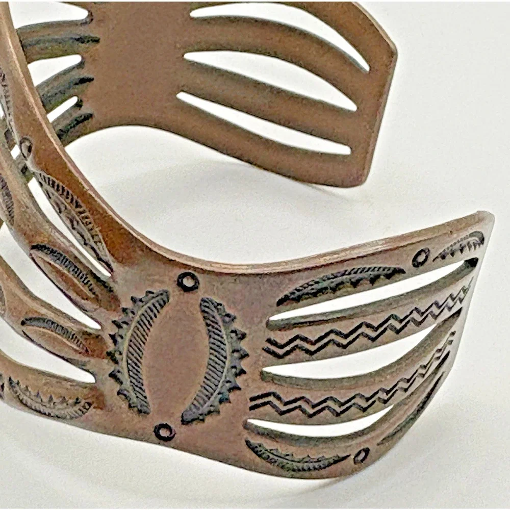 Vintage Copper Southwest Stamped Design Cuff Bracelet Adjustable